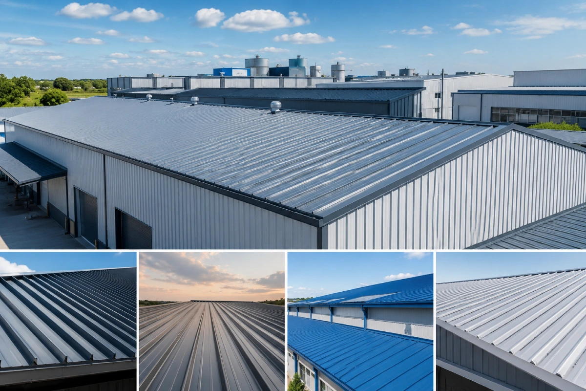 Commercial and industrial metal roofing sheet systems installed on large facilities