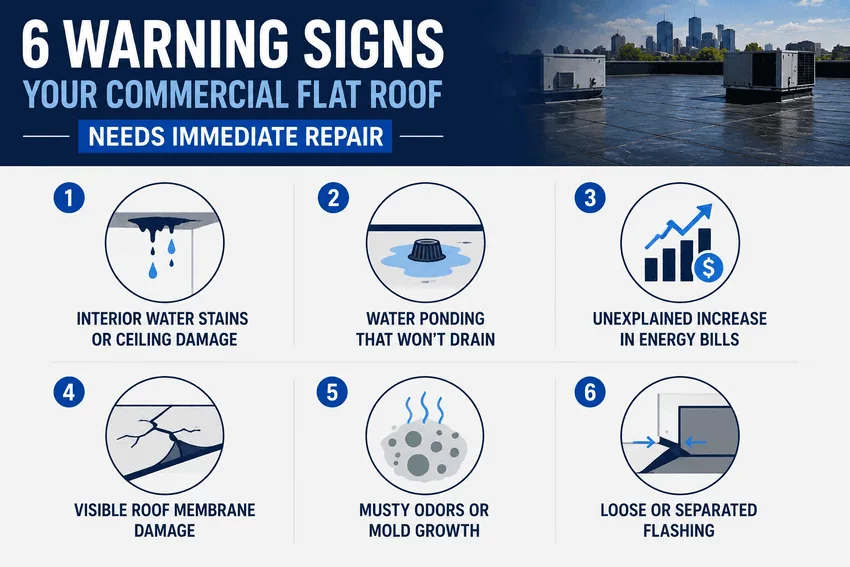 Warning signs of commercial flat roof damage and repair needs