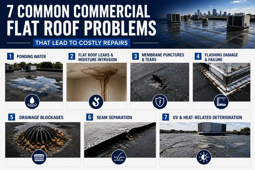 Commercial flat roof problems including ponding water, leaks, flashing damage, and seam separation
