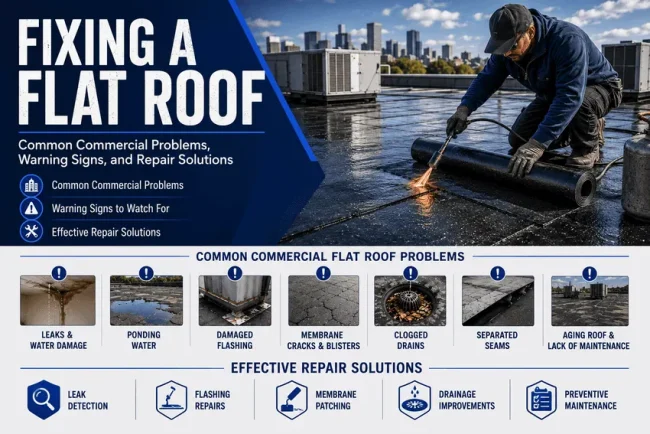 Fixing a flat roof: common commercial roofing problems, warning signs, and repair solutions