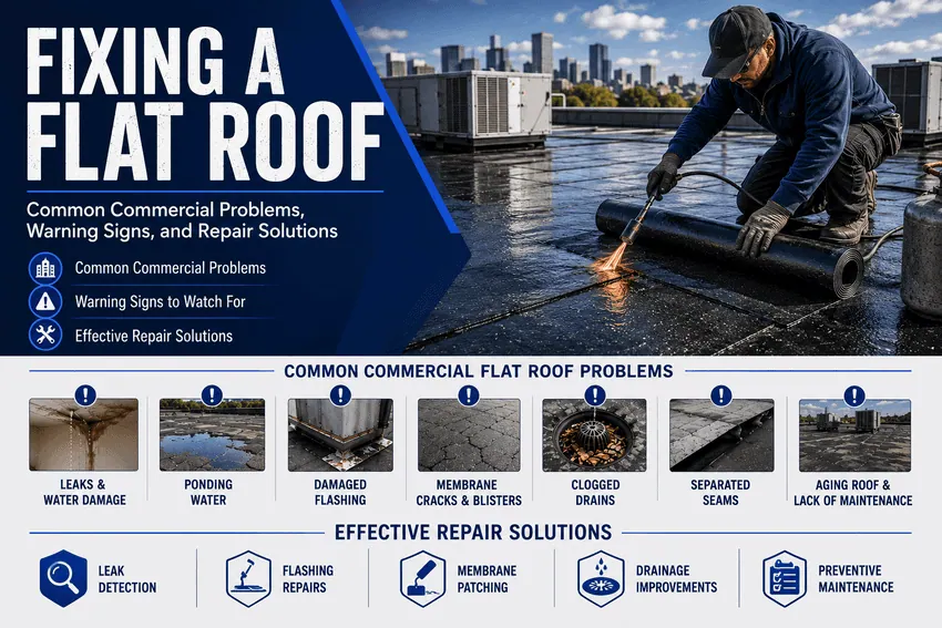 Fixing a flat roof: common commercial roofing problems, warning signs, and repair solutions