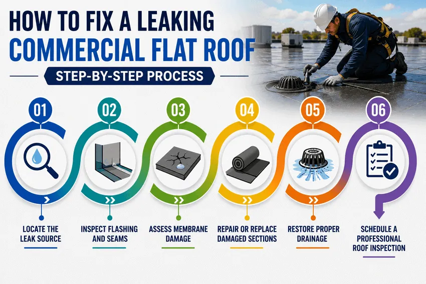 How to fix a leaking commercial flat roof with a step-by-step repair process
