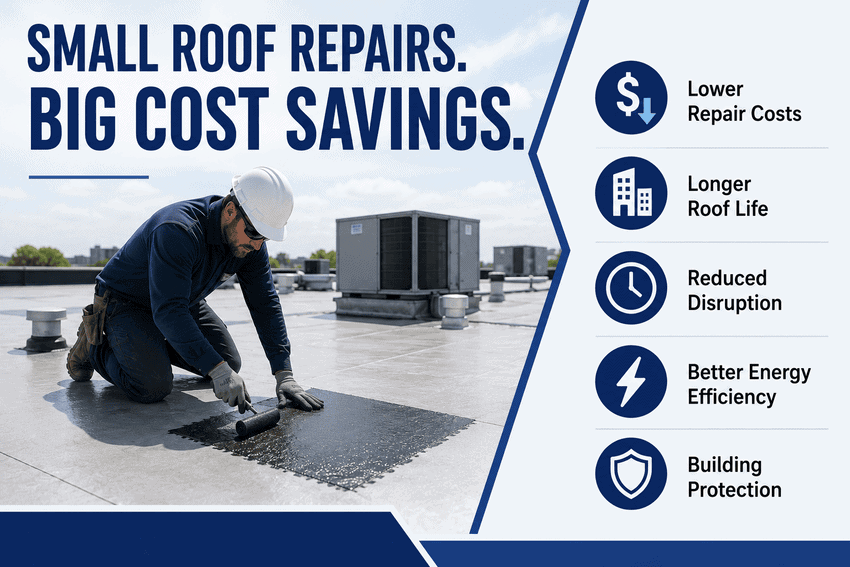 Small roof repairs help reduce commercial roofing costs