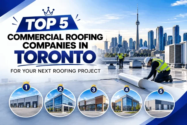 Top 5 commercial roofing companies in Toronto with a commercial flat roof and the Toronto skyline.