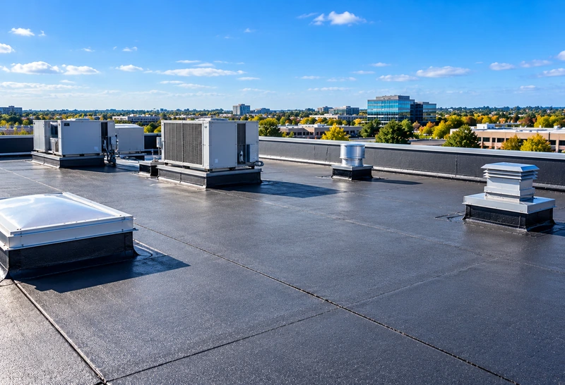 Commercial flat roof with HVAC equipment and ventilation systems in Oakville