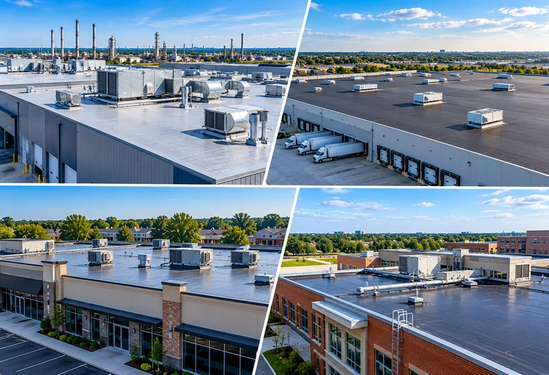 Industrial roofing systems across manufacturing facilities, warehouses, retail buildings, and commercial properties
